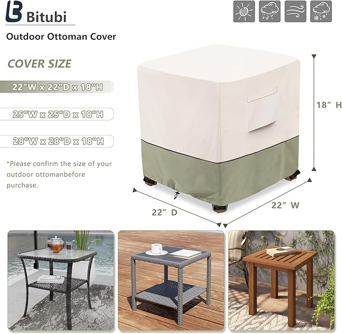 Bitubi Waterproof Patio Ottoman Cover, Heavy Duty Square Outdoor Side Table Furniture Covers Size 22L x 22W x 18H inch (Beige)
