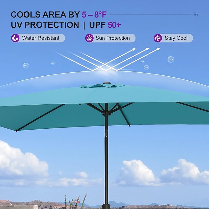 PURPLE LEAF 6.5' x 10' Rectangular Patio Umbrella Outdoor Table Umbrella Aluminum Frame Market Umbrella Sun Umbrella for Garden Deck Lawn Pool Turquoise Blue