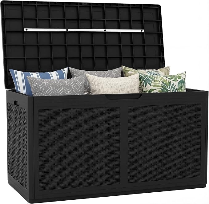 Tangkula 100 Gallon Outdoor Storage Box, Lockable Outdoor Storage Bench with 2 Smooth Wheels, Faux Rattan Surface, Waterproof Resin Deck Box for Outside Poolside Patio Garden (Black)