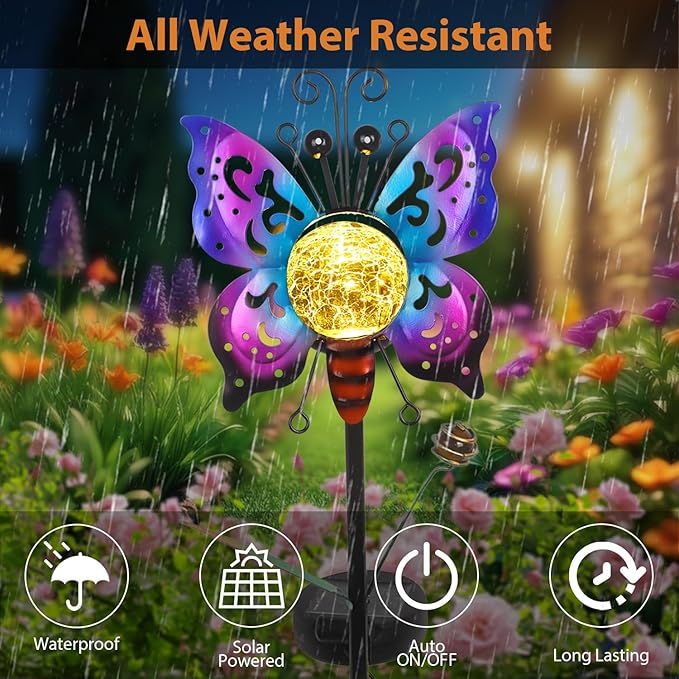 Solar Butterfly Garden Stake Lights Outdoor Waterproof 2 Pack Metal Butterfly Solar Lights for Outside Yard Lawn Patio Decor Garden Stakes Decorative Outdoor Lawn Ornaments Gardening Gifts for Women