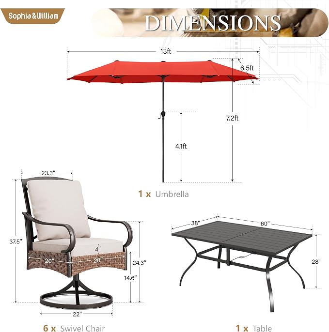 Sophia & William Patio Table and Chairs Set with Umbrella 8 Piece Outdoor Dining Set for 6 with 13ft Double-Sided Patio Red Umbrella, 6 x Swivel Patio Chairs, 1 Metal Table for Lawn Garden