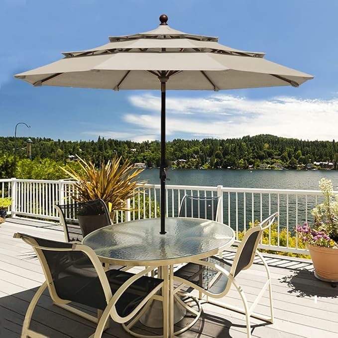 EliteShade USA 10-Year-Non-Fading 9ft 3-Tier Market Patio Umbrella, Commercial Grade Outdoor Table Umbrella with Crank Open, Windproof & UPF 50+ UV Protection, Heavy Duty Ventilation for Garden, Deck, Pool, Backyard, Beach & Bistro, Antique Beige