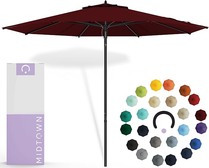 Midtown Umbrellas Push & Pop 10 Ft Patio Umbrellas with Push & Pop Mechanism, Fiberglass Ribs & Sunbrella Fabric – Outdoor Umbrella for Deck, Pool, Cafés and Hotels – Burgundy Canopy, Black Pole