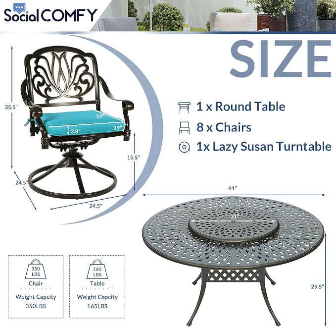 9-Piece Patio Cast Aluminum Dining Set, 8 Person Outdoor Dining Furniture Set, Includes 8 Swivel Dining Chairs and 61" Large Round Dining Table w/ 31" Lazy Susan, Umbrella Hole, Ocean Blue