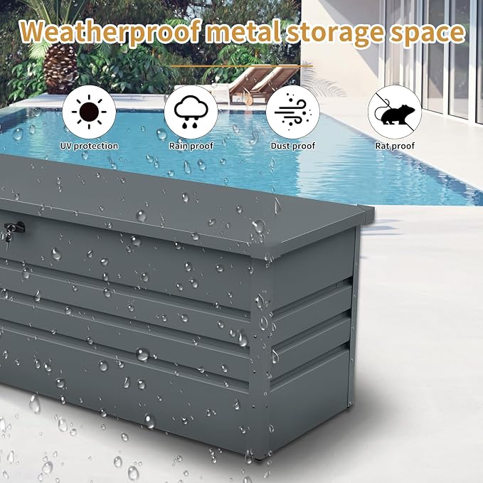 260 Gallon Deck Box, Metal Large Deck Box, Waterproof Deck Storage Box, Pool Storage Box with Lockable Storage Containers, Dark Gray