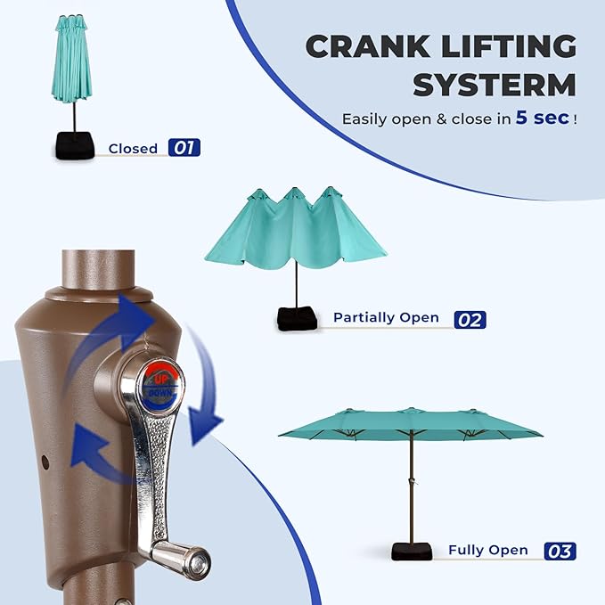 BRIOPAWS 15-FT-Large-Patio-Umbrella-with-Base | Double-Sided | Outdoor Table Umbrellas | w/Crank Handle | 12 Sturdy Fiberglass Rib | UV-Protection | for Garden Deck Backyard Pool | Peacock Blue
