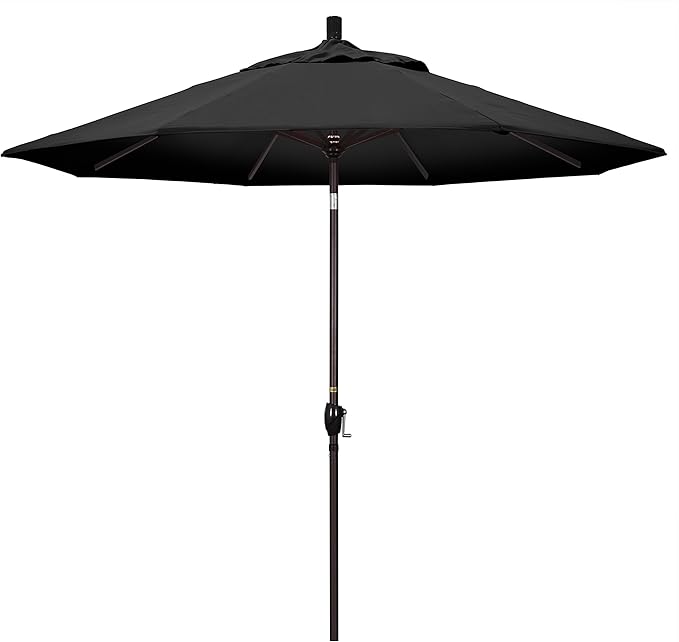 California Umbrella 9' Round Aluminum Market Umbrella, Crank Lift, Push Button Tilt, Bronze Pole, Black Olefin