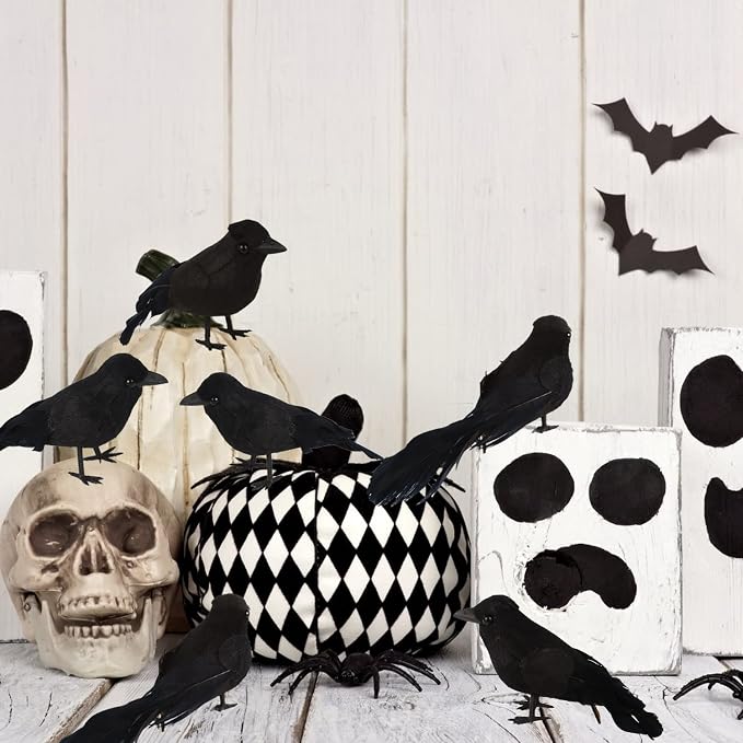 KIMOBER 6PCS Halloween Crows,Realistic Black Feathered Crows Ravens Birds for Halloween Party Indoor Outdoor Decorations