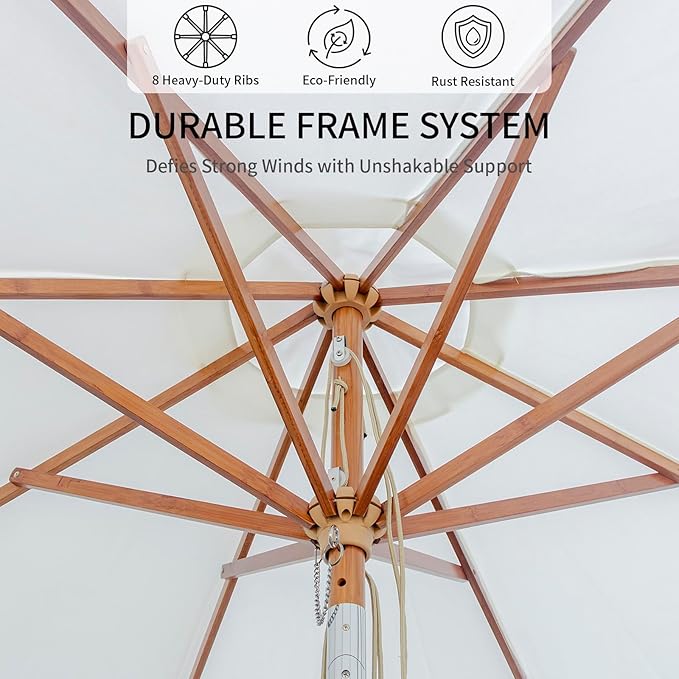 9FT/10FT Bamboo Patio Umbrella, Large Outdoor Umbrella with UPF 50+ Sun Protection, Rope Pulley Lift & Push-Button Tilt, 8-Rib Ventilated Canopy for Garden, Deck, Backyard & Outdoor Dining