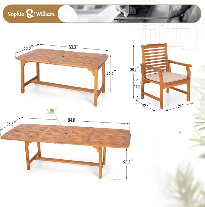 Sophia & William 9pc Outdoor Dining Set, Acacia Wood/Expandable Table | Acacia wood, seat cushions,weather-resistant rattan,breathable