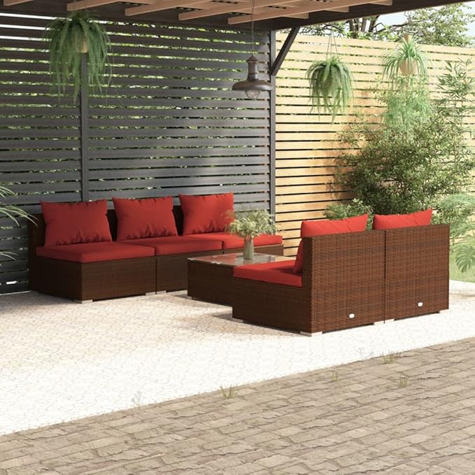 6 Piece Patio Lounge Set with Cushion, Patio Lounge Set Piece Patio Set Furniture Conversation Sets Outdoor Patio Sectional s Poly Rattan Brown