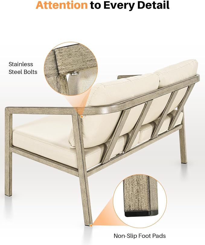 Outdoor Patio Loveseat, Never-Rust Aluminum Outdoor Loveseat Couch with Thick Cushions, Modern 2-Seater Patio Sofa Bench, Outdoor Sofa Loveseat Furniture for Poolside, Garden, Gray Oak