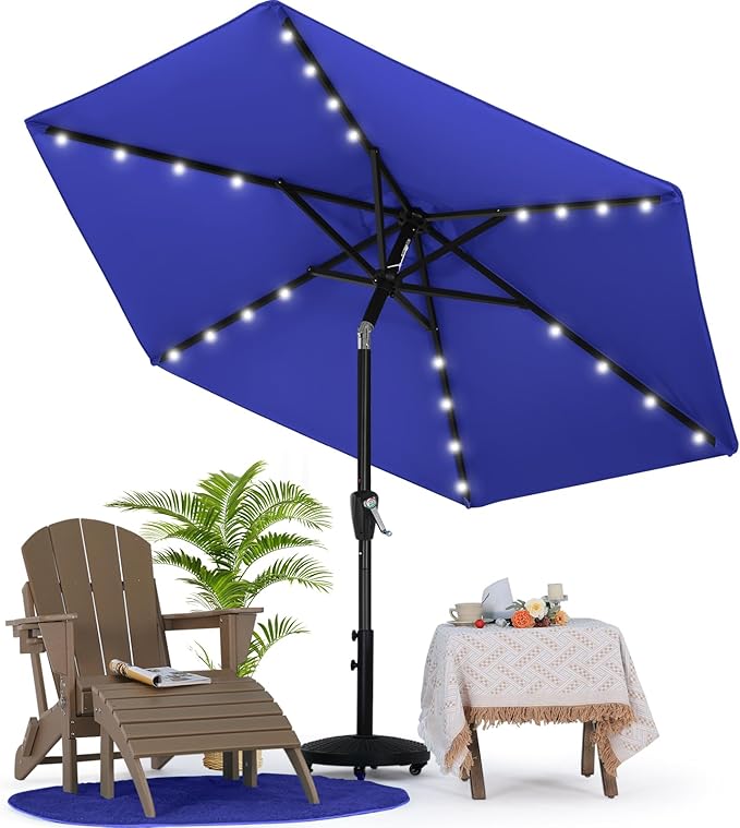 MASTERCANOPY 7.5FT 6Ribs Patio Umbrella with 32 Solar LED Lights, Outdoor Market Umbrella with Tilt & Crank, UV Protection & Fade Resistant Fabric, Easy Set-Up for Garden, Deck, Pool (Blue)