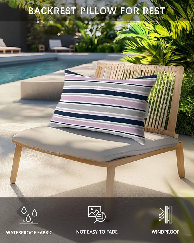 Pack of 4 Outdoor Lumbar Pillow Covers 12x20 Inch, Pink Grey Striped Waterproof Throw Pillow Covers Set, Farmhouse Stripes Modern Abstract Art Outside Decorative Cushion Cases for Patio Porch Car