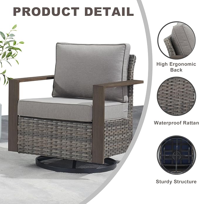 Rilyson Outdoor Wicker Patio Furniture Sets - 5 Piece Patio Conversation Set with 2 Wicker Swivel Rocker Chairs,2 Rattan Ottoman and 1 Couch,Thick Cushions,Deep Seating,Wide Armrest(Mixed Grey/Grey)
