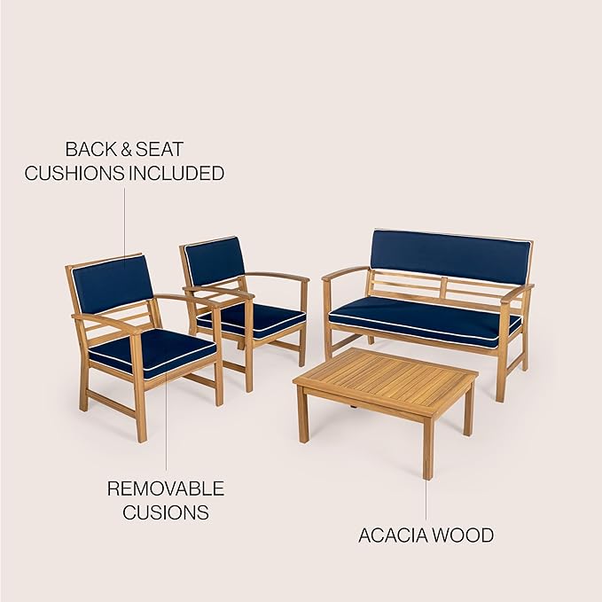JONATHAN Y LVG1000C-4SET Barclay 4-Piece Modern Coastal Acacia Wood Conversation Outdoor Patio Set with Cushions Transitional, Classic, Traditional, Vintage, Mid-Century, Navy/Teak Brown