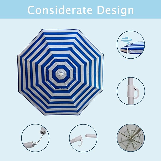 LOTTAFUN 6ft Beach Umbrella - Heavy Duty Wind Resistant UV 50+ Portable Sun Shade with Sand Anchor & Carry Bag, Outdoor Folding Umbrella for Beach, Pool, Patio, Garden (Blue strip) No Tilt The sand needs to exceed the spiral 6inch