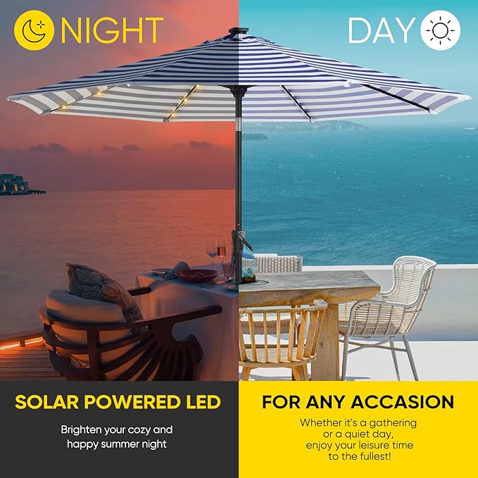 Tempera Solar Patio Umbrella 40 LED Lighted Outdoor Umbrella Table Market Umbrella with Push Button Tilt and Crank, Solar Umbrella with Sturdy Pole&Fade Resistant Canopy, Easy to Set