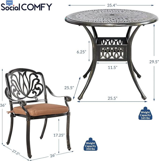 5-Piece Outdoor Patio Dining Set, All-Weather Cast Aluminum Patio Table Set, Include 4 Cushioned Chairs and a 35.4 inch Round Table w/Umbrella Hole for Balcony Garden Backyard, Khaki