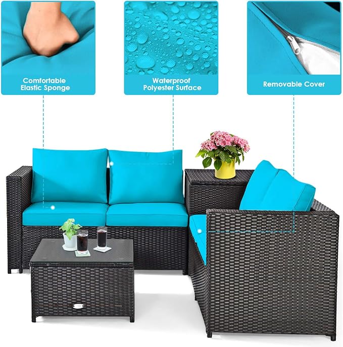 DORTALA 4 Pieces Outdoor Patio Furniture Set, Weather Resistant PE Rattan Conversation Set with 2 Loveseats, Outdoor Sectional Sofa Set with Comfy Cushions for Garden and Poolside, Turquoise