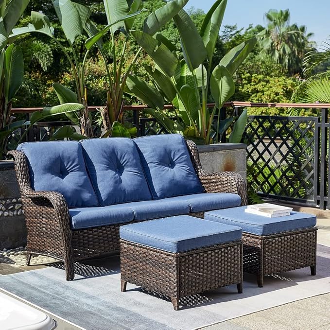 Rilyson Outdoor Couch Wicker Patio Sofa - 3 Seat Rattan Sofa with Deep Seating and Comfortable Cushions for Outside Porch Deck Balcony Garden(Brown/Blue)
