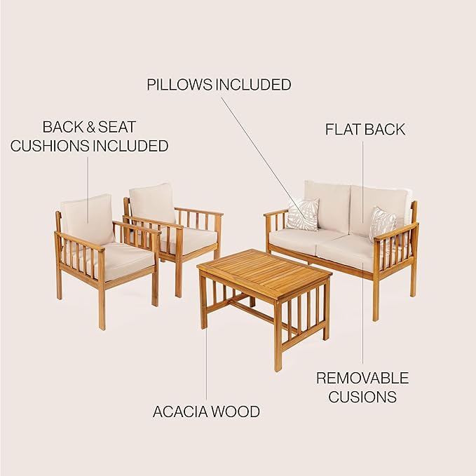 JONATHAN Y LVG1201B-4SET Everly 4-Piece Modern Cottage Acacia Wood Outdoor Patio Set with Cushions and Tropical Decorative Pillows Classic, Coastal, Traditional, Vintage, Mid-Century, Beige/Teak Brown