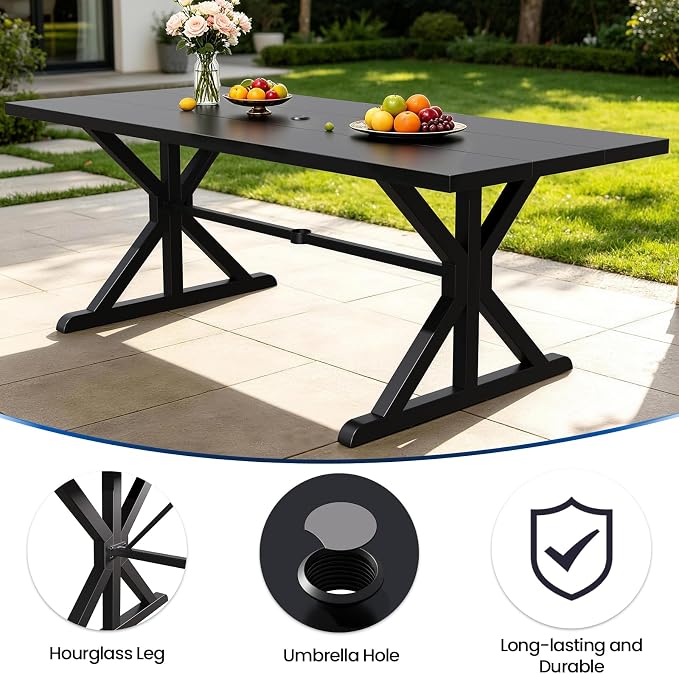 Kullavik 9 Pieces Outdoor Dining Set,Patio Dining Table and Chairs Set for 8,Fence Pattern Back Chairs with Thickened Cushions & X-Frame Metal Dining Table with Umbrella Hole for Patio,Navy Blue