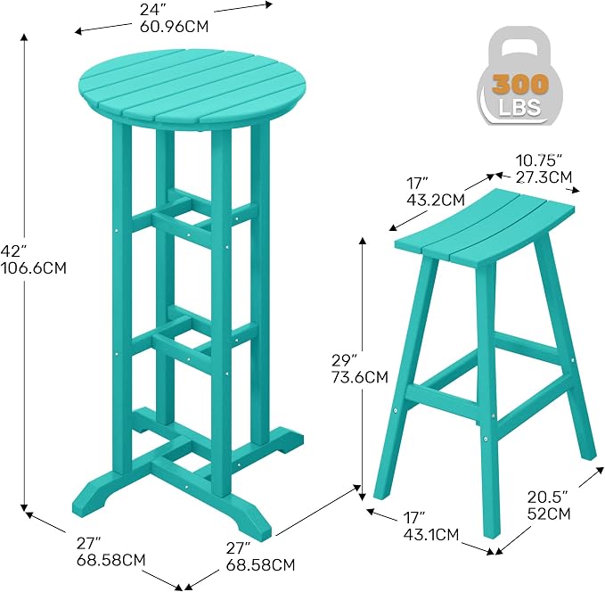 Costaelm Outdoor Bar Table, 42" Counter Height Round Patio Cocktail Bar Table, Patio Bar Table 3-Pieces Set Bistro Dining Table Pub Table for Deck, Backyard, Garden, Turquoise