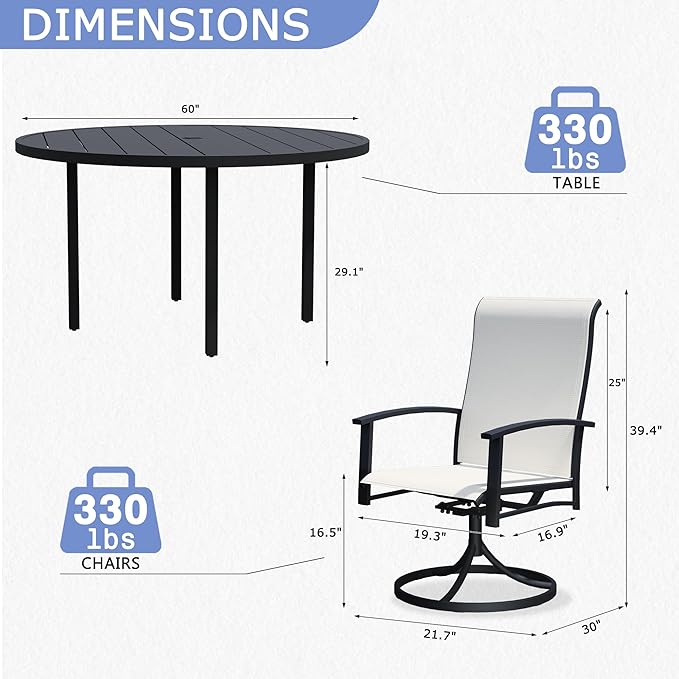 9 Piece Outdoor Patio Dining Set for 8, 60" Black Round Metal Table with 8 Oyster Beige Swivel Chairs, All-Weather Outdoor Furniture Set for Backyard, Lawn, Deck, or Poolside