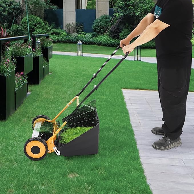 14-Inch Push Reel Lawn Mower, 2 Wheel Manual Hand Push Walk-Behind Cylinder, Lawnmower Specialty Grass Mower, Mowing & Collecting Grass Function with Grass Catcher & 5 Blades for Garden Yard Lawn