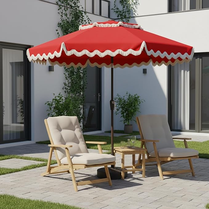 9FT Patio Umbrella with Fringe,Tassel Umbrella with Push-Button Tilt | UPF 50+ & Rust-Resistant Fiberglass Frame for Patio, Pool,Garden,Yard(Red)