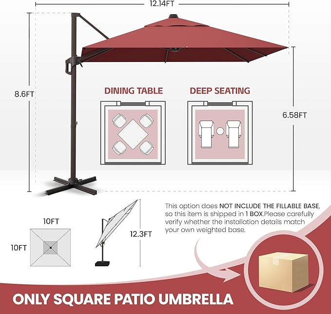 GENTEACO 10X10 FT Cantilever Umbrella, Large Offset Patio Umbrella with 6 Angle Tilts & 360° Rotation, Large Square Sun Umbrellas for Outdoor Patio Pool Deck Market, Red