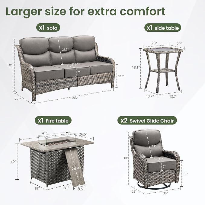 Luxury Patio Furniture Set with 6-inch Thick Cushion, Outdoor Furniture with Fire Pit Table, Swivel Chairs, Side Table, Sofa, 5pcs Wicker Conversation Set for Deck Yard Grey Wicker | Grey Cushions