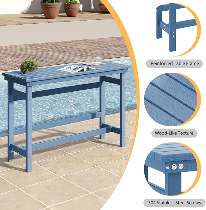 Sundale Outdoor Bar Table, 41 Inch Height Adirondack Rectangle Bar Table, All Weather Patio Bar Counter Height Table for Outside Backyard Balcony Poolside (Blue)