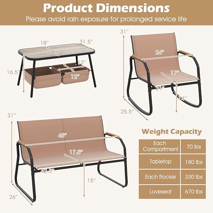 Tangkula 8 Pieces Patio Furniture Set with 2 Rocking Bistro Chairs, Outdoor Conversation Set with 2-Tier Coffee Table and Breathable Fabric Chairs for Porch, Garden, Lawn and Backyard (2, Brown)