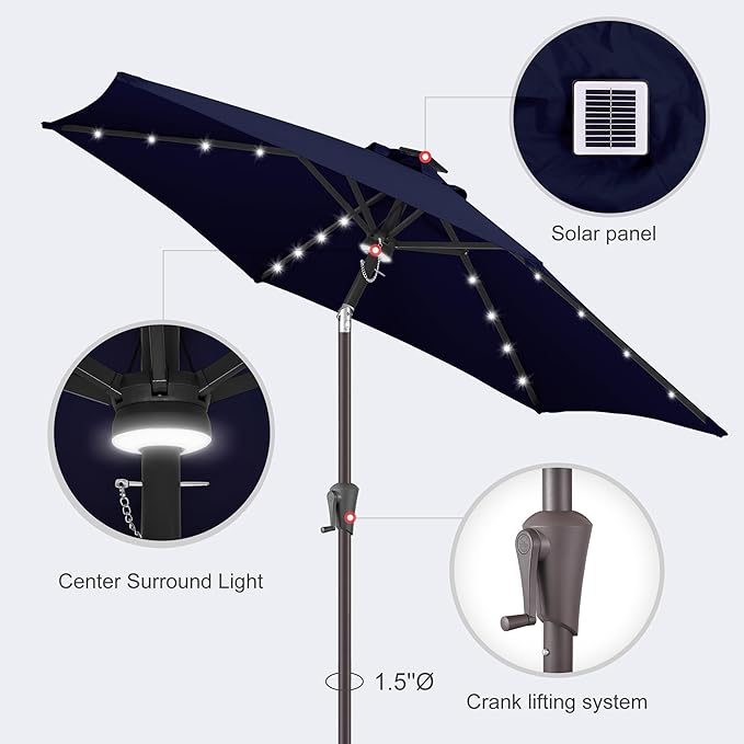 Jarka&Co 7.5ft Solar Patio Umbrella - Lighted Solar Outdoor Umbrella with 24 LED Lights Waterprool UV Protection, Market Table Umbrella with Tilt for Backyard, Garden, Pool, Porch (Navy Blue)