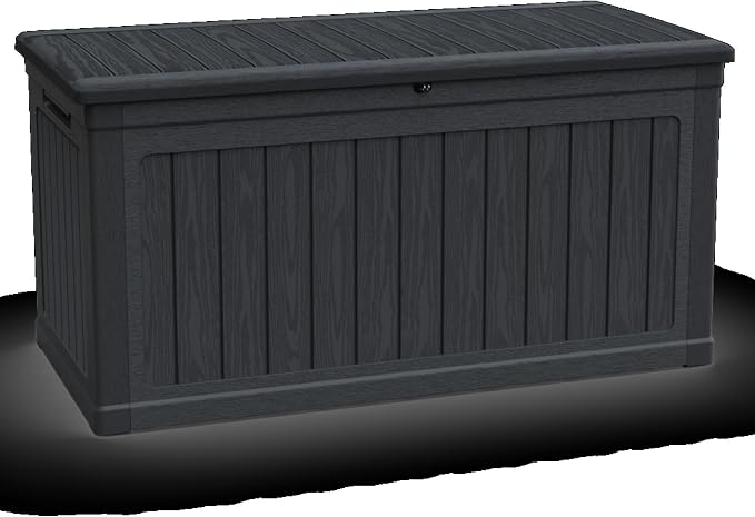 Large Outdoor Storage Deck Box, Resin Patio Container with Lockable Lid, Hydraulic Lift, Wood Texture Panels, Bench Table Function for Cushions Garden Tools Pool Gear Sports Equipment (230 Gallon)