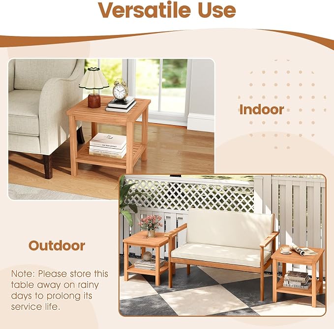 Tangkula Outdoor Side Table, 2-Tier Acacia Wood Square End Table with Slatted Tabletop & Storage Shelf, Indoor Outdoor Wooden Accent Bistro Patio Table for Backyard, Poolside, Garden, Natural (1)