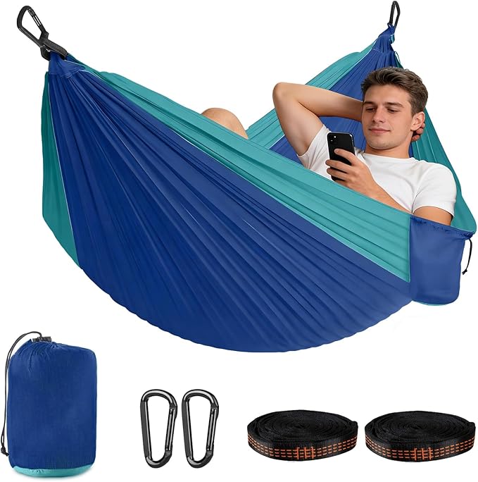 Adult Double Camping Hammock, 10ft x 6.5ft (300x200cm), Orange and Gray, 210T Nylon, 500 Lbs Weight Capacity, Portable with Storage Bag, d-Rings & Wide Straps, Breathable & Durable for Outdoor, Campin