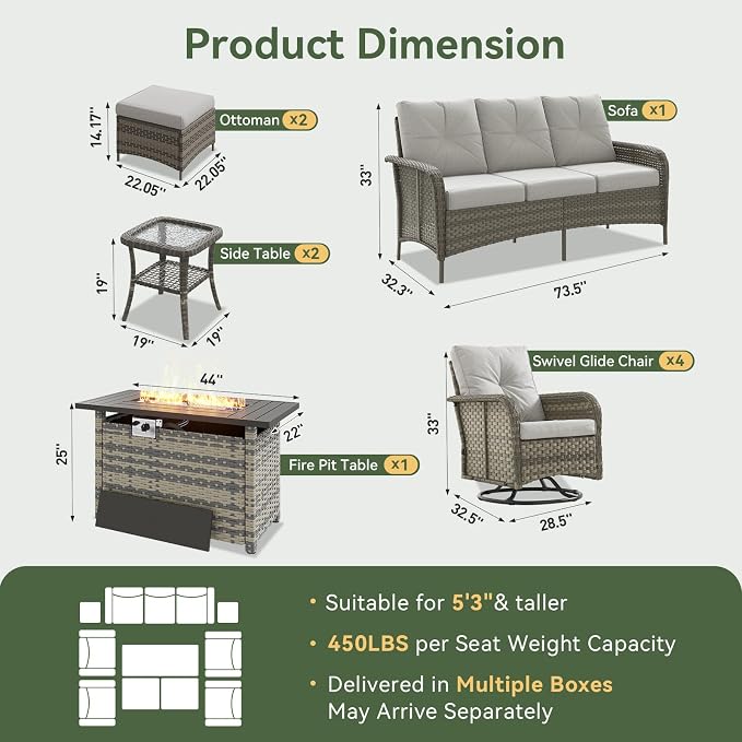 Aoxun 12-Piece Patio Furniture Set with 44” Fire Pit Table, Wicker Outdoor Sectional Sofa with High Back Swivel Rocker Chairs, Outdoor Patio Furniture Set with Thick Cushions & Ottoman, Grey