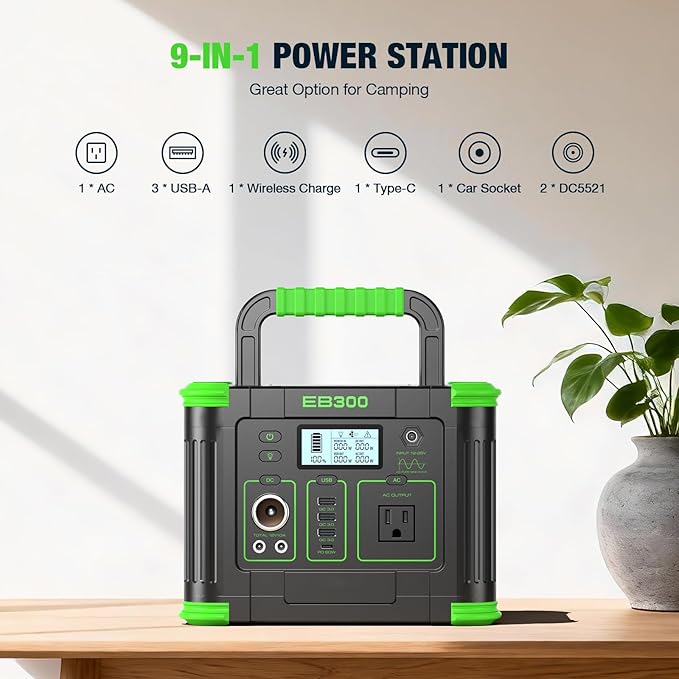 Portable Power Station 330W 288.6Wh Solar Generator with 60W USB-C PD Fast Charging, Pure Sine Wave AC Outlet, 5W Wireless Charger, LED for Camping, RV, CPAP, Home Emergency Backup, Off-Grid Living