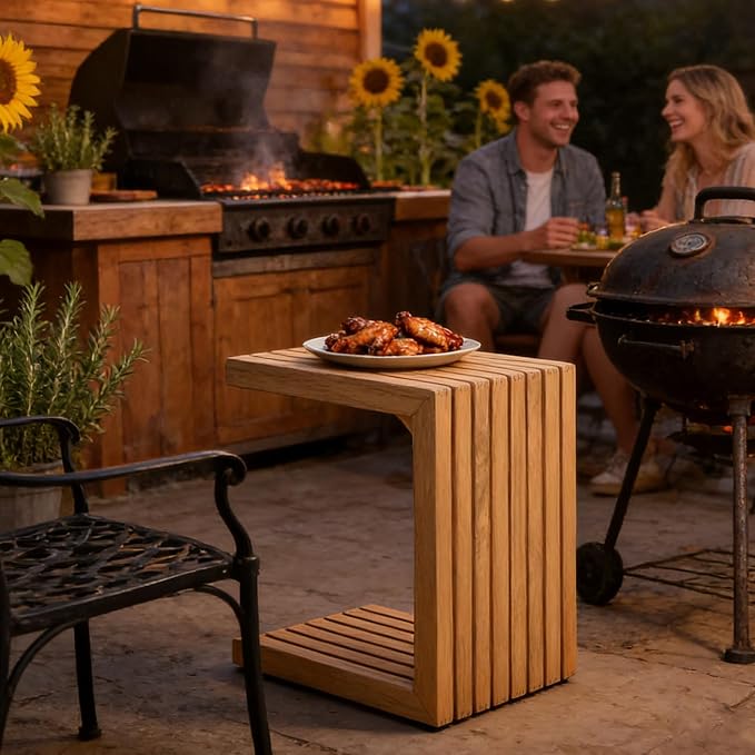 OTSUN Outdoor Side Table, Teak Wood Weather Resistant with Slatted Design Multi Purpose for Patio Balcony Backyard Garden