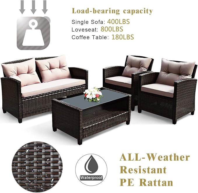 HAPPYGRILL 4-Piece Patio Conversation Set Rattan Wicker Chair Furniture Set with 1 Loveseat, 2 Single Sofas, 1 Coffee Table, Outdoor Indoor Furniture Sets for Backyard Porch Garden Poolside Balcony