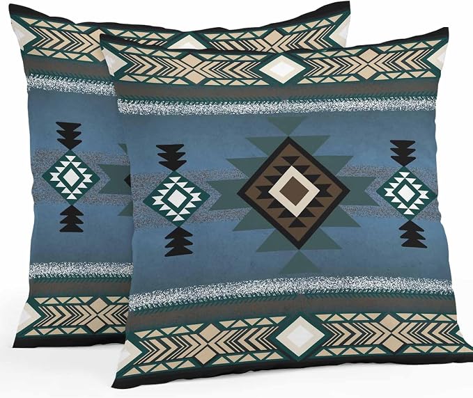 Vandarllin Outdoor Throw Pillows Covers 20x20 inch Set of 2 Waterproof Blue Tribal Style Decorative Zippered Cushion Covers for Patio Furniture, Southwest Native American Lumbar Pillowcases