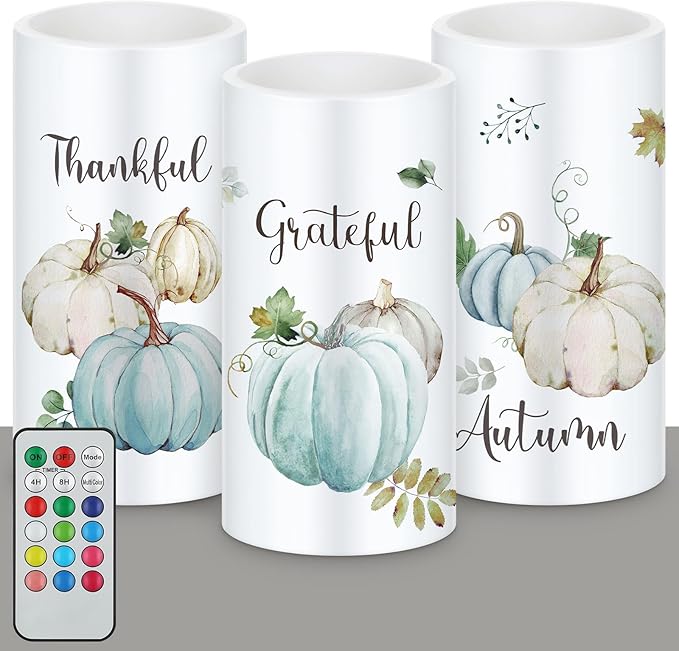 Retisee 3 Pcs Farmhouse Thanksgiving Flameless LED Candles Thanksgiving Battery Operated Candles with Remote Control Thankful Grateful Pumpkin Decor for Table Centerpiece Bedroom Autumn Harvest Decor