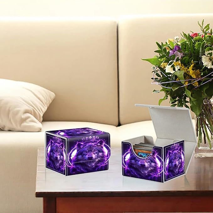 Card Deck Box for MTG, Cards Storage Box Fits 120+ Sleeved, Leather Small Size Strong Magnetic Closing Card Case for Board Games Magic TCG CCG Baseball Collection, Cool Wolf Purple