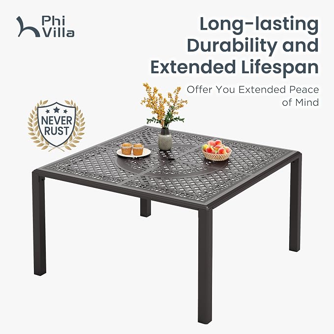 PHI VILLA Aluminum Patio Dining Tables for 8 Person, 53" Square Outdoor Table with 2.1" Umbrella Hole, Lawn Garden Tables for Outside All Weather