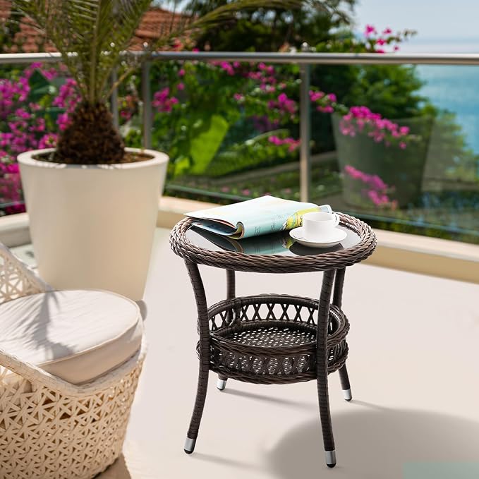 Outdoor Side Table Wicker Outdoor End Table for Patio Rattan Side Table for Outside Brown Patio Coffee Table with Storage & Glass Table Top Round for Backyard Porch