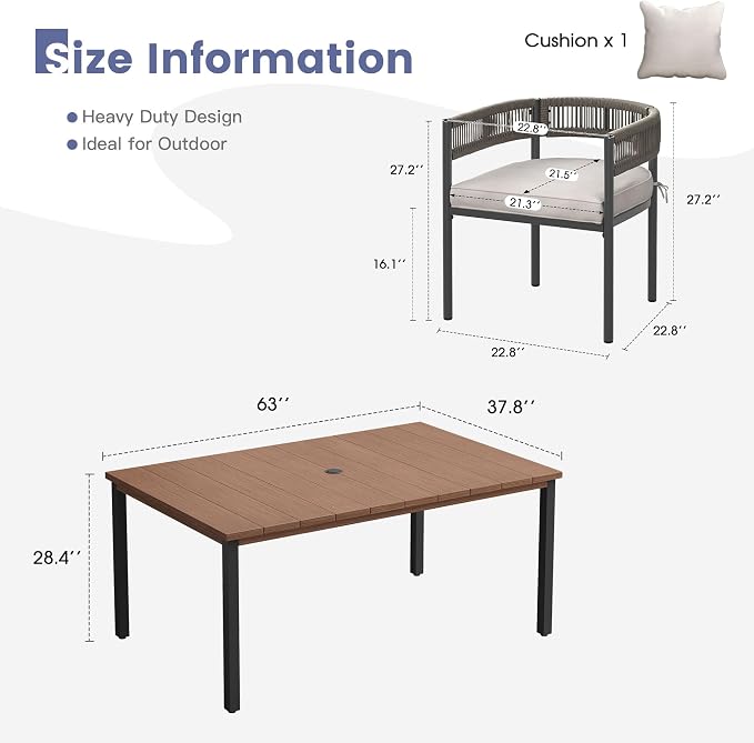 VICLLAX Patio Dining Set, 63" Walnut Table & 6 Chairs with Wheat Cushion | Outdoor Table and Chairs Set of Rectangular Metal Patio Table, Outdoor Dining Chairs with Metal Frame, Garden Deck Porch