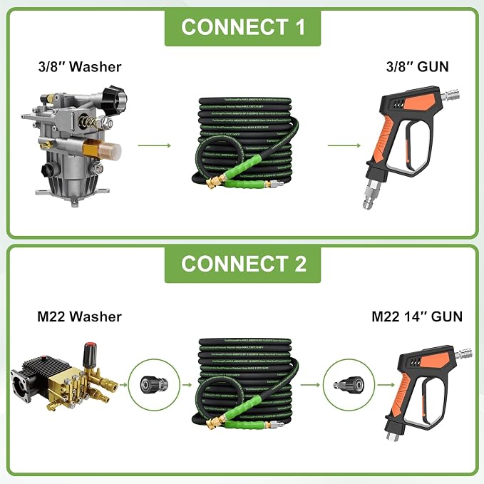 3/8" 4800PSI Pressure washer hose 100ft for cold and hot water Max 248°F with 3/8"quick connect Kink resistant Steel Wire Braided Power Washer Hose with M22 14mm Adapter,Green